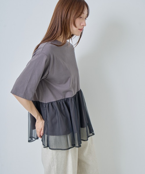 Kelen(ケレン)の「「KELEN / ケレン」アシンメトリー異素材コンビトップス(Tシャツ/カットソー・レディース・チャコールグレー/オフホワイト/ブラック/カーキ・S/M)」の15枚目の写真