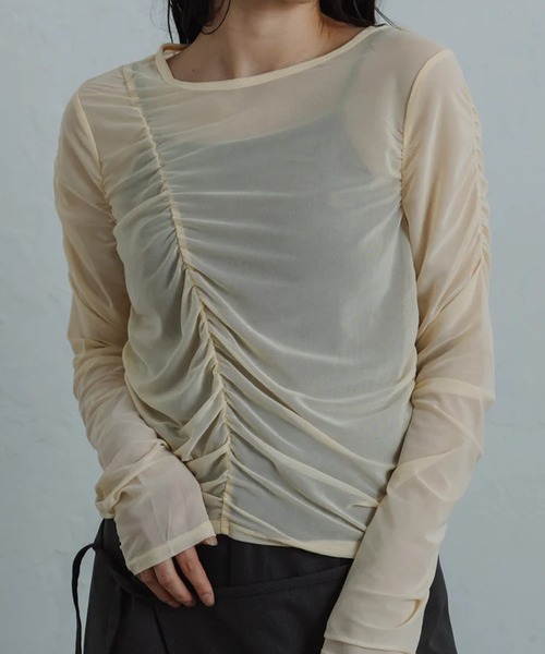 merrylatte(メリーラテ)の「sheer shirring tops(Tシャツ/カットソー・レディース・イエロー・FREE)」の1枚目の写真