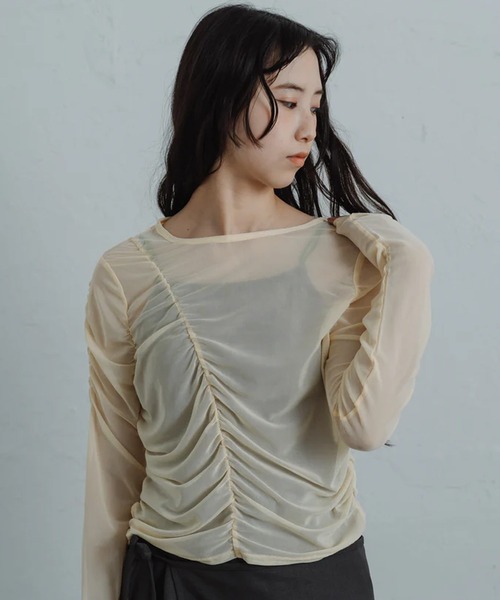 merrylatte(メリーラテ)の「sheer shirring tops(Tシャツ/カットソー・レディース・イエロー・FREE)」の6枚目の写真