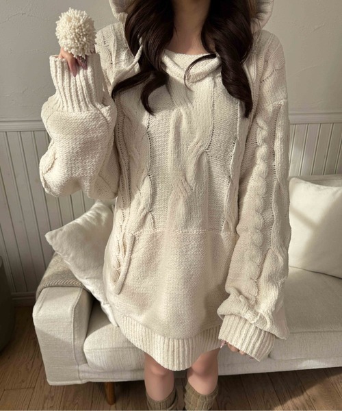 PHILLY(フィリー)の「ビッグフードポンポンニットパーカー(パーカー・レディース・グレー/ピンク/アイボリー・FREE)」の19枚目の写真