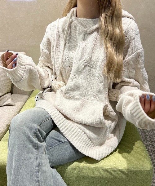 PHILLY(フィリー)の「ビッグフードポンポンニットパーカー(パーカー・レディース・グレー/ピンク/アイボリー・FREE)」の8枚目の写真