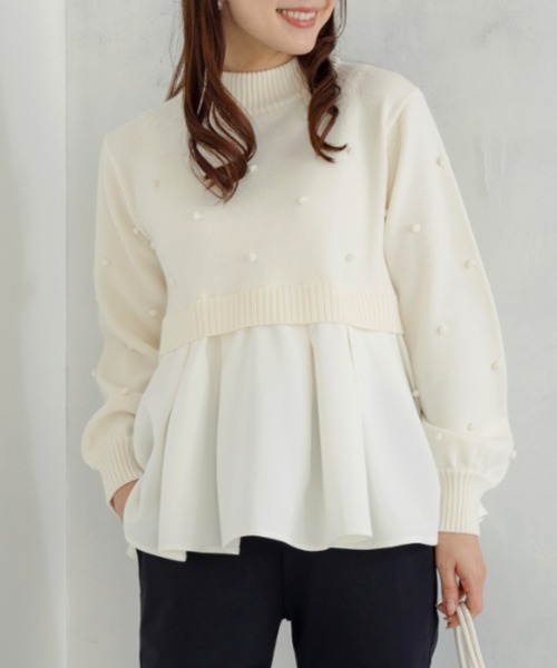 【SONO】ポンポンハイブリッドニットプルオーバー　ホワイト 新作12/5発売】【SONO/ソーノ】ポンポンハイブリッドニットプルオーバー
