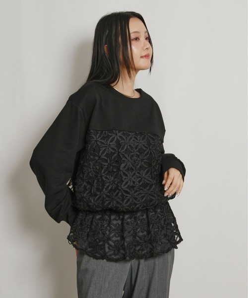 palm RICHE（ポームリシュ）の「チュール刺繍ドッキングポンチトップス（スウェット・レディース・ブラック/アイボリー・M）」の21枚目の写真