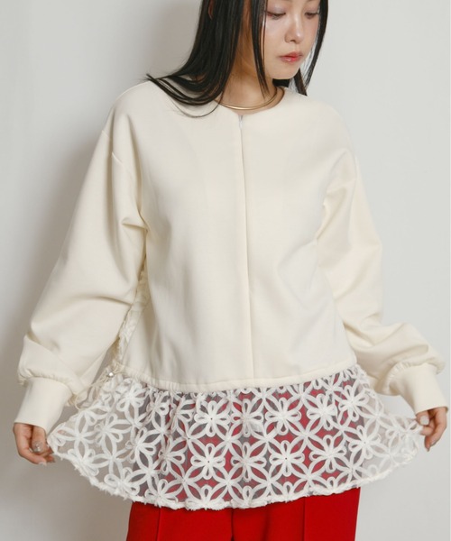 palm RICHE（ポームリシュ）の「チュール刺繍ドッキングポンチトップス（スウェット・レディース・ブラック/アイボリー・M）」の9枚目の写真