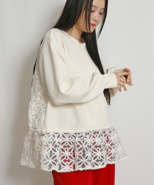 palm RICHE（ポームリシュ）の「チュール刺繍ドッキングポンチトップス（スウェット・レディース・ブラック/アイボリー・M）」の12枚目の写真