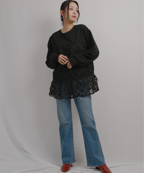 palm RICHE（ポームリシュ）の「チュール刺繍ドッキングポンチトップス（スウェット・レディース・ブラック/アイボリー・M）」の18枚目の写真