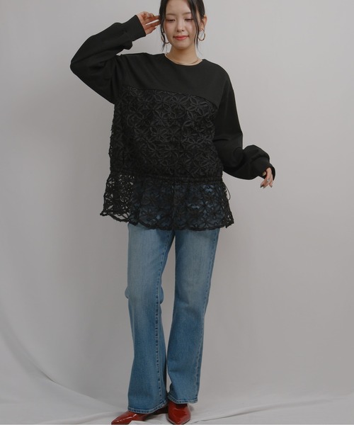 palm RICHE（ポームリシュ）の「チュール刺繍ドッキングポンチトップス（スウェット・レディース・ブラック/アイボリー・M）」の19枚目の写真