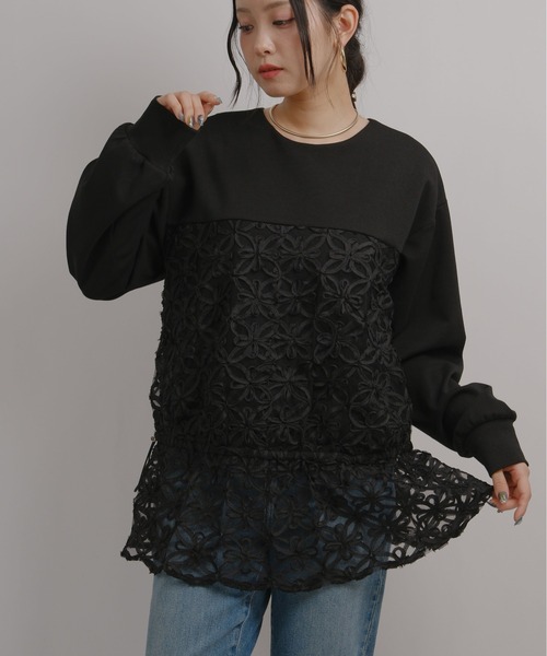 palm RICHE（ポームリシュ）の「チュール刺繍ドッキングポンチトップス（スウェット・レディース・ブラック/アイボリー・M）」の17枚目の写真