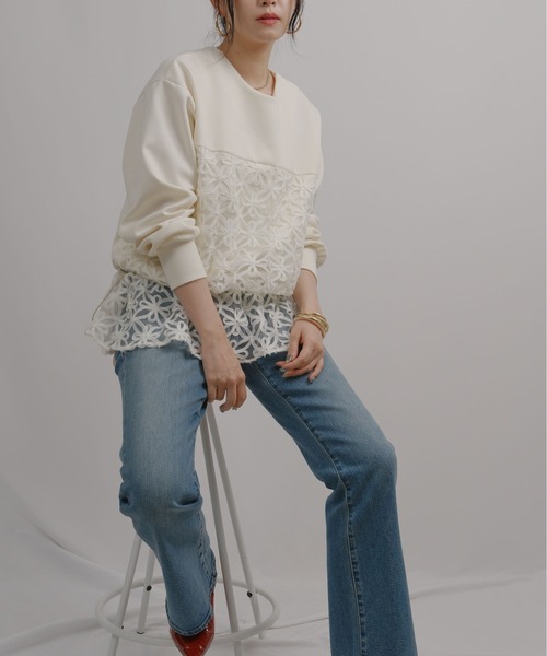 palm RICHE（ポームリシュ）の「チュール刺繍ドッキングポンチトップス（スウェット・レディース・ブラック/アイボリー・M）」の5枚目の写真