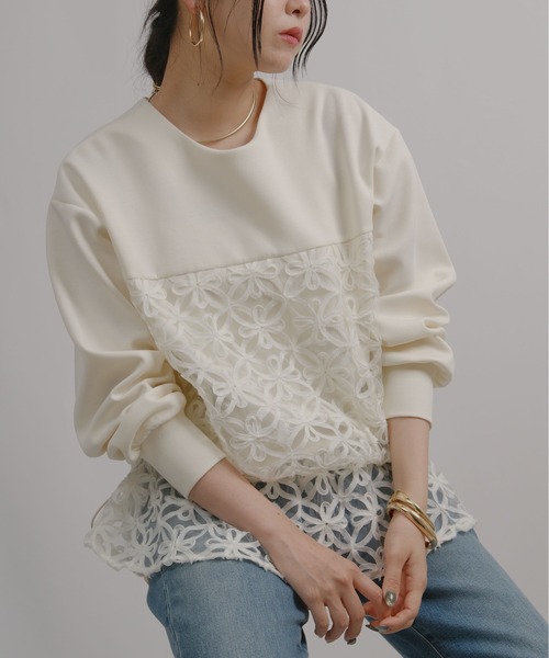 palm RICHE（ポームリシュ）の「チュール刺繍ドッキングポンチトップス（スウェット・レディース・ブラック/アイボリー・M）」の4枚目の写真