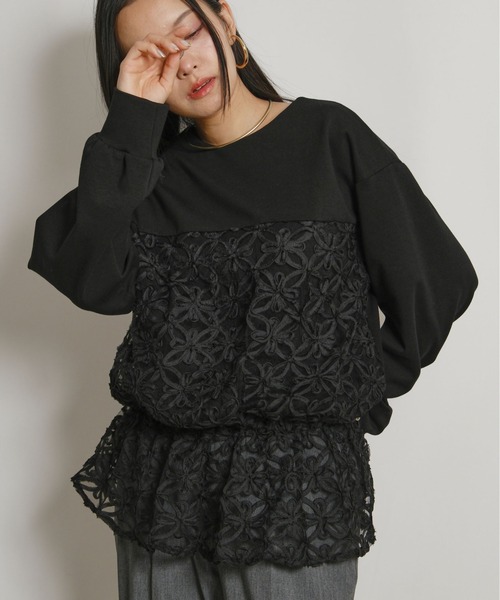 palm RICHE（ポームリシュ）の「チュール刺繍ドッキングポンチトップス（スウェット・レディース・ブラック/アイボリー・M）」の22枚目の写真