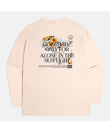 フラワーアートワーク長袖コットンTシャツベージュ