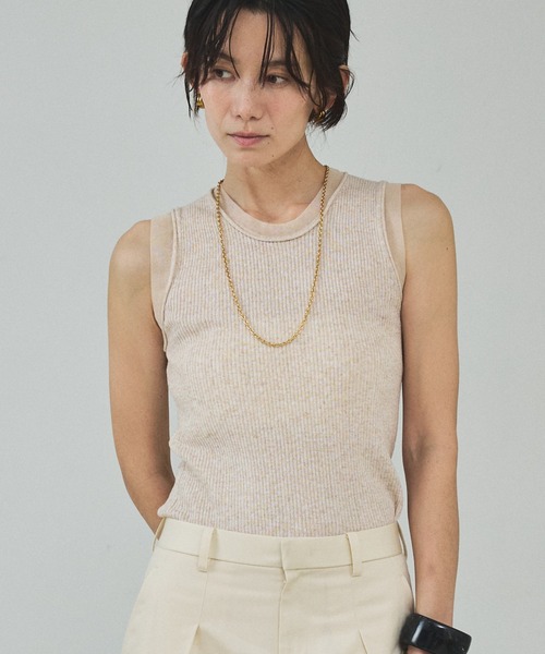 qualite（カリテ）の「シアーミックスリブノースリーブ/春服/夏服/レイヤード（ニット/セーター・レディース・グレー/ライトベージュ/グリーン・フリー）」の3枚目の写真