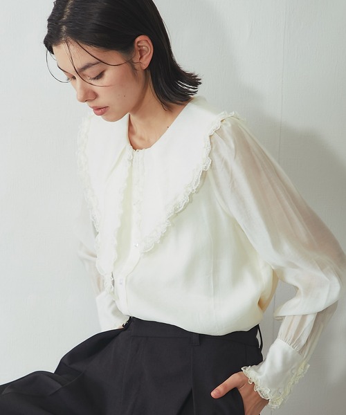 SMILE ORCHID(スマイルオーキッド)の「ビッグカラーレースフリルブラウス(Tシャツ/カットソー・レディース・アイボリー/ブラック・M)」の1枚目の写真