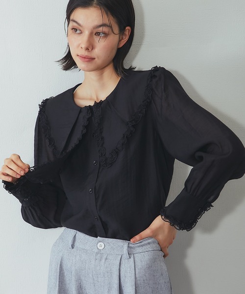 SMILE ORCHID(スマイルオーキッド)の「ビッグカラーレースフリルブラウス(Tシャツ/カットソー・レディース・アイボリー/ブラック・M)」の2枚目の写真