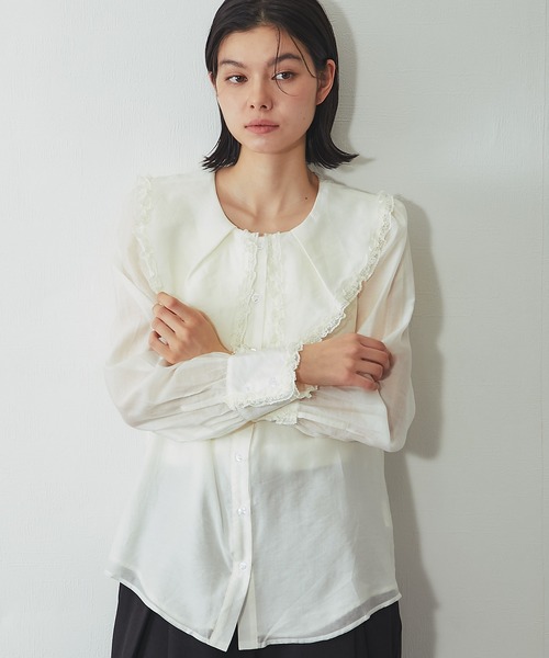 SMILE ORCHID(スマイルオーキッド)の「ビッグカラーレースフリルブラウス(Tシャツ/カットソー・レディース・アイボリー/ブラック・M)」の9枚目の写真