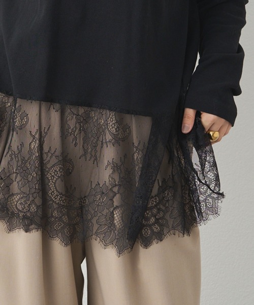 PUAL CE CIN（ピュアルセシン）の「レースヘムシアーワッフルカットソー（Tシャツ/カットソー・レディース・ブラック/オフホワイト・FREE）」の2枚目の写真