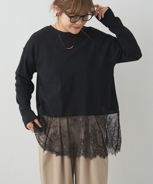 PUAL CE CIN（ピュアルセシン）の「レースヘムシアーワッフルカットソー（Tシャツ/カットソー・レディース・ブラック/オフホワイト・FREE）」の11枚目の写真