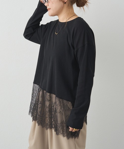 PUAL CE CIN（ピュアルセシン）の「レースヘムシアーワッフルカットソー（Tシャツ/カットソー・レディース・ブラック/オフホワイト・FREE）」の12枚目の写真