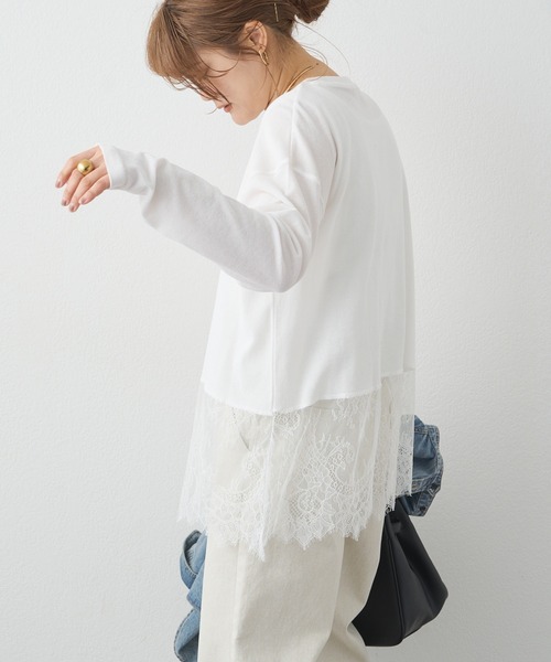 PUAL CE CIN（ピュアルセシン）の「レースヘムシアーワッフルカットソー（Tシャツ/カットソー・レディース・ブラック/オフホワイト・FREE）」の9枚目の写真