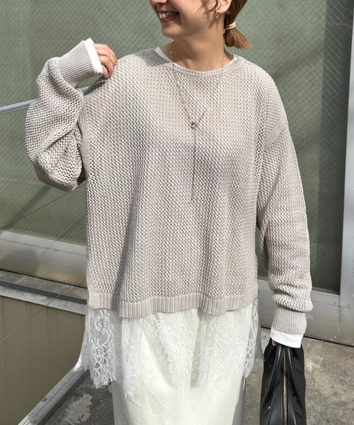 PUAL CE CIN（ピュアルセシン）の「レースヘムシアーワッフルカットソー（Tシャツ/カットソー・レディース・ブラック/オフホワイト・FREE）」の3枚目の写真