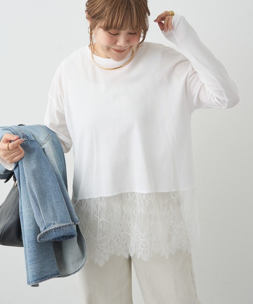 PUAL CE CIN（ピュアルセシン）の「レースヘムシアーワッフルカットソー（Tシャツ/カットソー・レディース・ブラック/オフホワイト・FREE）」の8枚目の写真