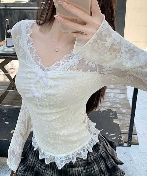 GLAMOROUS JANE(グラマラスジェーン)の「裾フリルリボン付レーストップス(Tシャツ/カットソー・レディース・ホワイト・L/M)」の5枚目の写真