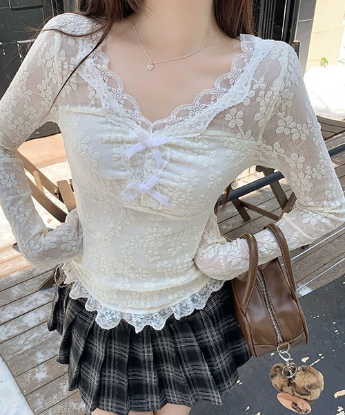 GLAMOROUS JANE(グラマラスジェーン)の「裾フリルリボン付レーストップス(Tシャツ/カットソー・レディース・ホワイト・L/M)」の6枚目の写真