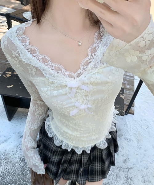 GLAMOROUS JANE(グラマラスジェーン)の「裾フリルリボン付レーストップス(Tシャツ/カットソー・レディース・ホワイト・L/M)」の7枚目の写真