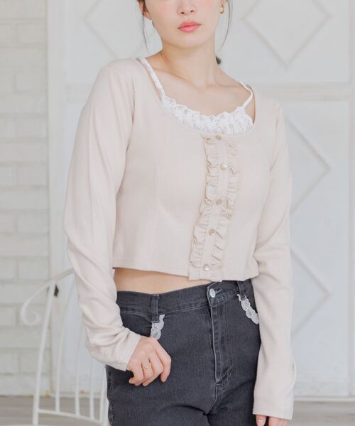 ems excite(エムズエキサイト)の「レースドッキングCT(Tシャツ/カットソー・レディース・チャコールグレー/ピンク/ナチュラル・FREE)」の2枚目の写真