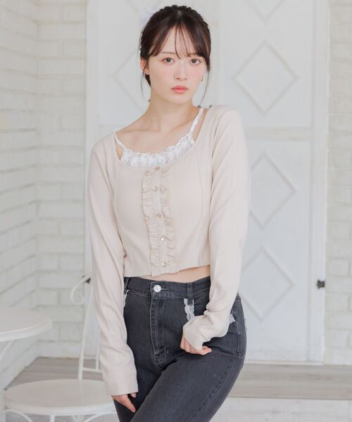 ems excite(エムズエキサイト)の「レースドッキングCT(Tシャツ/カットソー・レディース・チャコールグレー/ピンク/ナチュラル・FREE)」の4枚目の写真