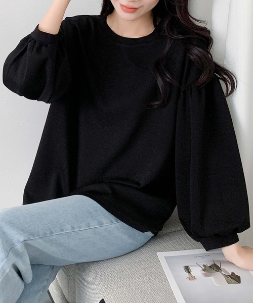 LOWO(ロワ)の「ボリュームスリーブ トップス プルオーバー 長袖(Tシャツ/カットソー・レディース・ベージュ/ホワイト/ブラック/グレー・FREE)」の7枚目の写真