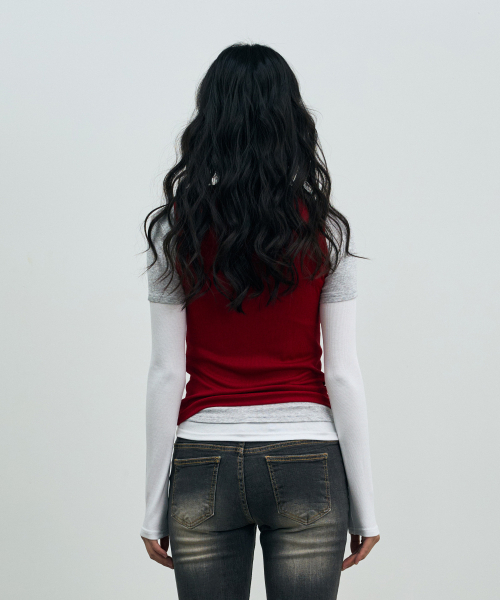 ARI(アリ)の「COMET LAYERED SLEEVE TOP / RED(Tシャツ/カットソー・レディース・レッド・FREE)」の7枚目の写真