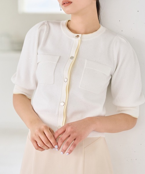 31 Sons de mode(トランテアン ソン ドゥ モード)の「2026春夏新作 配色スパンコールカーディガン(カーディガン/ボレロ・レディース・オフホワイト/ピンク/グレー・フリ-)」の1枚目の写真