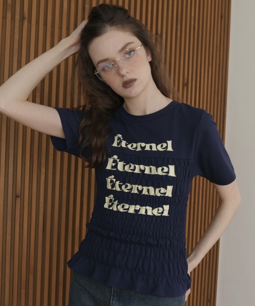 Mili affinity(ミリアフィニティー)の「シャーリングコンパクトロゴTシャツ(Tシャツ/カットソー・レディース・ブラック/ピンク/ネイビー/杢グレー/オフホワイト・FREE)」の5枚目の写真