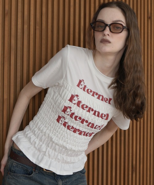 Mili affinity(ミリアフィニティー)の「シャーリングコンパクトロゴTシャツ(Tシャツ/カットソー・レディース・ブラック/ピンク/ネイビー/杢グレー/オフホワイト・FREE)」の7枚目の写真