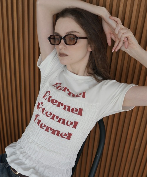 Mili affinity(ミリアフィニティー)の「シャーリングコンパクトロゴTシャツ(Tシャツ/カットソー・レディース・ブラック/ピンク/ネイビー/杢グレー/オフホワイト・FREE)」の8枚目の写真