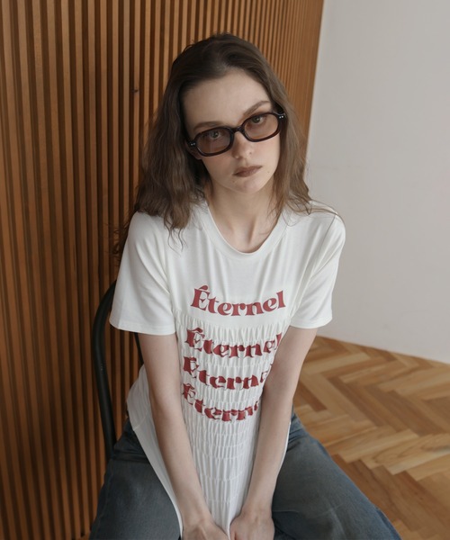 Mili affinity(ミリアフィニティー)の「シャーリングコンパクトロゴTシャツ(Tシャツ/カットソー・レディース・ブラック/ピンク/ネイビー/杢グレー/オフホワイト・FREE)」の14枚目の写真