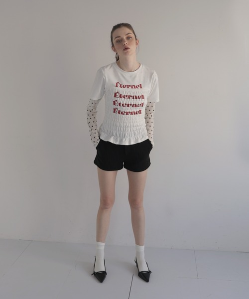 Mili affinity(ミリアフィニティー)の「シャーリングコンパクトロゴTシャツ(Tシャツ/カットソー・レディース・ブラック/ピンク/ネイビー/杢グレー/オフホワイト・FREE)」の16枚目の写真