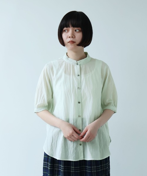 bulle de savon（ビュルデサボン）の「コットン/キュプラ ローンIBK stand ブラウス（シャツ/ブラウス・レディース・ホワイト/チャコールグレー/ミント・FREE）」の3枚目の写真