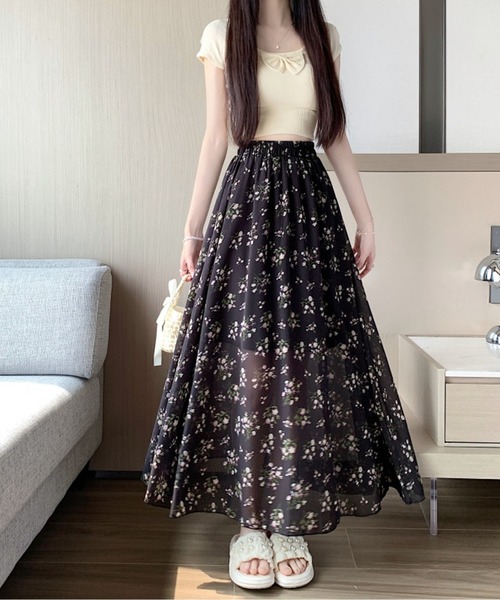 小花柄シフォンフレアロングスカート（スカート）｜LUCPY（ラクピー