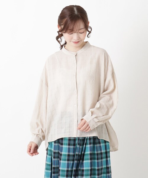 one'sterrace(ワンズテラス)の「バンドカラー シアーチェックシャツ(シャツ/ブラウス・レディース・ブラック系8/ライトグリーン系/ライトグレー系8・02)」の1枚目の写真