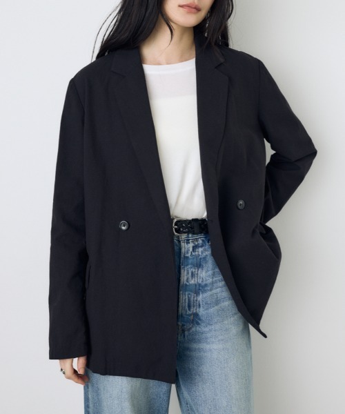 AZUL by moussy(アズールバイマウジー)の「フレンチリネンCOOLMAXテーラードジャケット 春服 夏服 秋服(テーラードジャケット・レディース・ベージュ/ブラック/オフホワイト・SMALL/MEDIUM)」の2枚目の写真