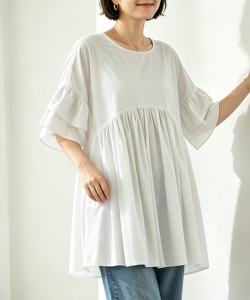ReRe(リリ)の「フリルスリーブチュニックトップス(Tシャツ/カットソー・レディース・ダークブラウン/ブラック/オレンジ/グリーン/ホワイト・FREE)」の13枚目の写真