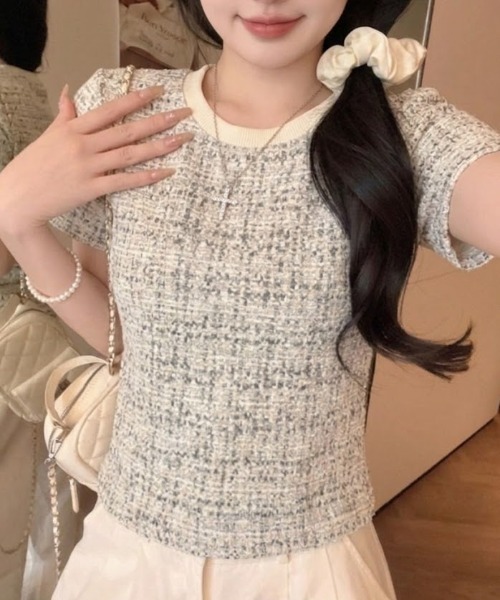 Mejoul(メジュール)の「【2026春夏新作】配色ネックMIXツイードライクプルオーバー(Tシャツ/カットソー・レディース・グレー/ブルー・F)」の1枚目の写真