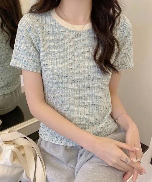 Mejoul(メジュール)の「【2026春夏新作】配色ネックMIXツイードライクプルオーバー(Tシャツ/カットソー・レディース・グレー/ブルー・F)」の2枚目の写真