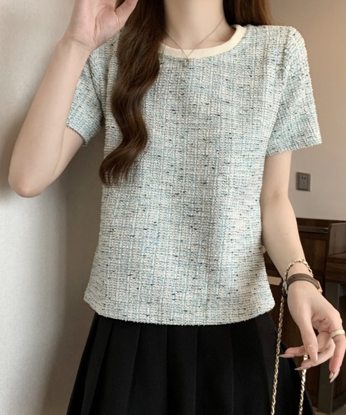 Mejoul(メジュール)の「【2026春夏新作】配色ネックMIXツイードライクプルオーバー(Tシャツ/カットソー・レディース・グレー/ブルー・F)」の3枚目の写真