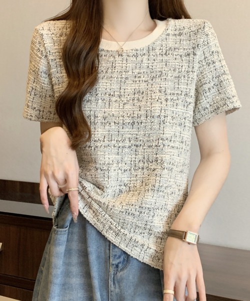 Mejoul(メジュール)の「【2026春夏新作】配色ネックMIXツイードライクプルオーバー(Tシャツ/カットソー・レディース・グレー/ブルー・F)」の7枚目の写真