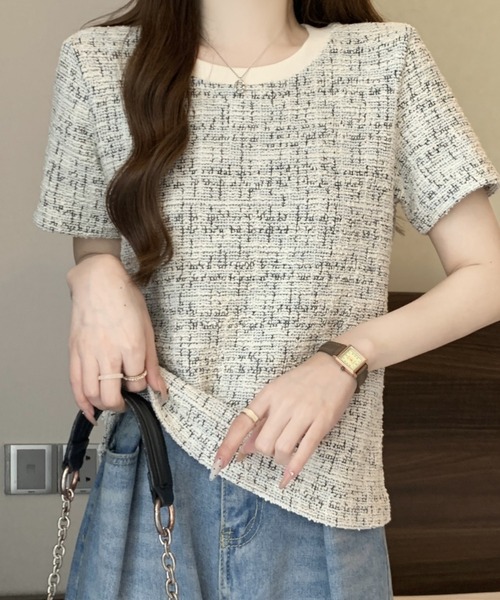 Mejoul(メジュール)の「【2026春夏新作】配色ネックMIXツイードライクプルオーバー(Tシャツ/カットソー・レディース・グレー/ブルー・F)」の8枚目の写真