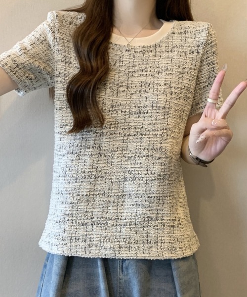 Mejoul(メジュール)の「【2026春夏新作】配色ネックMIXツイードライクプルオーバー(Tシャツ/カットソー・レディース・グレー/ブルー・F)」の9枚目の写真